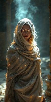 The primary subject of the image is a woman wearing a white robe with a hood. She is standing in a dark room, possibly a cave, with a glowing light illuminating her face. The setting appears to be a mysterious and enigmatic environment. The visual style of the image is a combination of photo and digital art, creating a unique and captivating atmosphere. The colors in the image are predominantly dark, with the glowing light on the woman's face being the main source